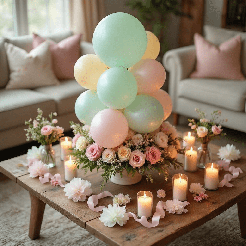 Overhead view of a cozy living room setup for a baby shower, featuring a tiered balloon bouquet in pastel hues, a low wooden coffee table adorned with delicate floral arrangements, tissue paper puffs, curly ribbons, and flickering candlelight, creating a whimsical, intimate atmosphere.