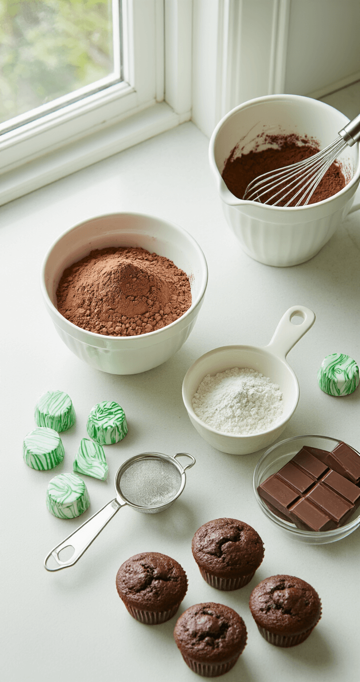 Overhead view of a pristine kitchen counter organized with baking ingredients for chocolate mint cupcakes, featuring white ceramic mixing bowls, sifted cocoa powder, measuring cups, and Andes mints, all bathed in soft natural light with a mint green and chocolate brown color scheme.