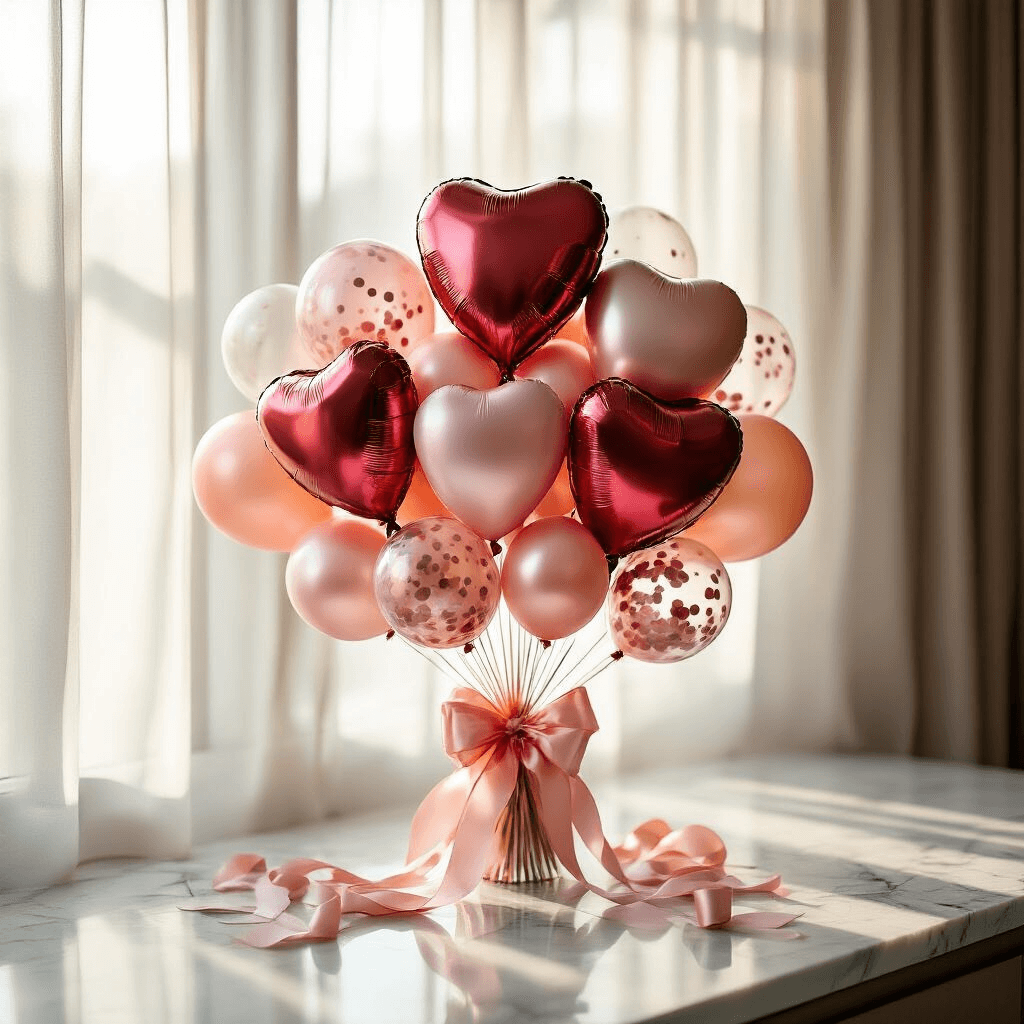 A close-up shot of a romantic anniversary balloon arrangement featuring heart-shaped red and pink foil balloons, shimmering latex balloons, and clear confetti-filled balloons on a marble countertop, accented with flowing satin ribbons and delicate floral elements in soft morning light.