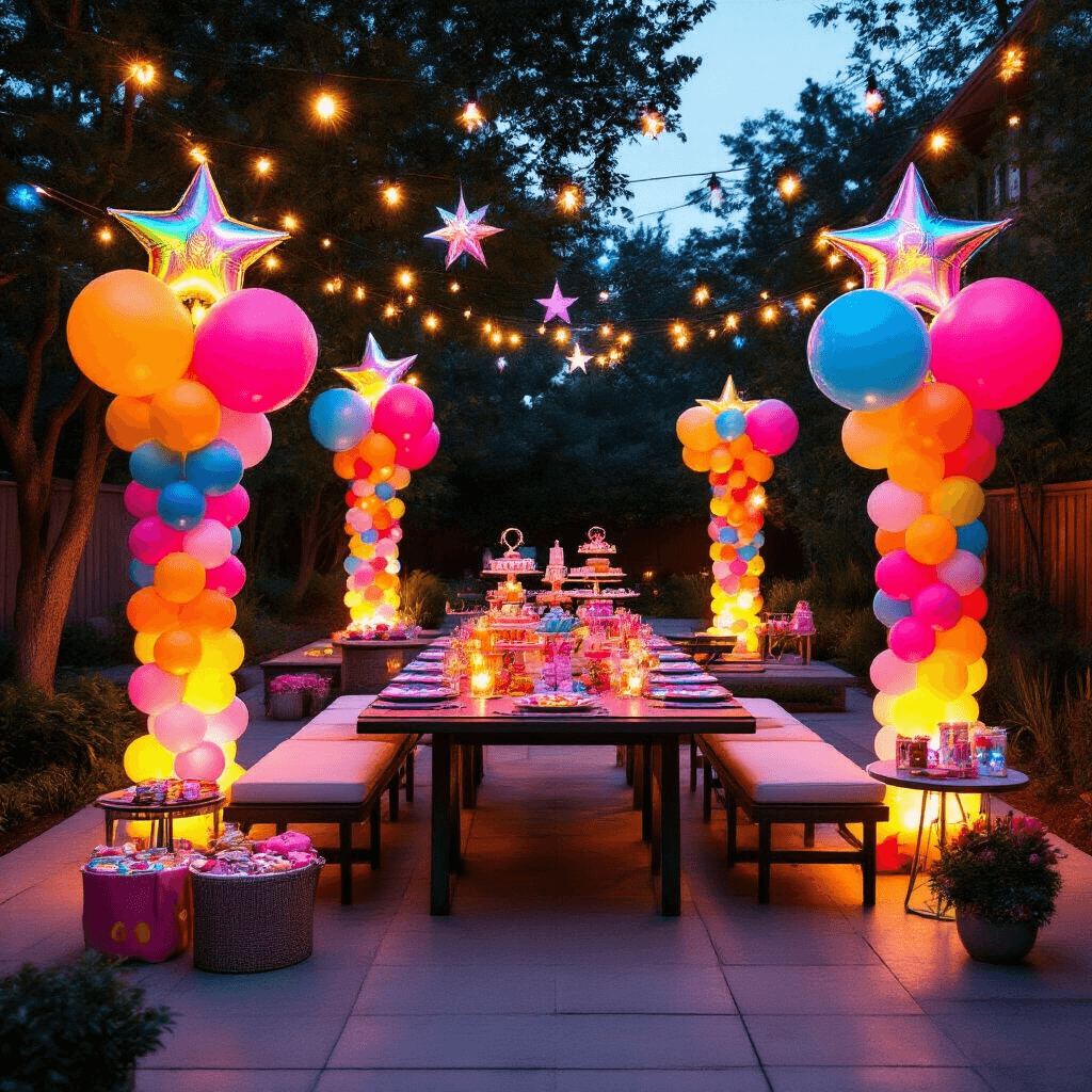 A vibrant backyard birthday celebration featuring bold balloon columns, a modern dining setup, dessert carts, and festive decorations illuminated by warm fairy lights, creating a magical atmosphere.