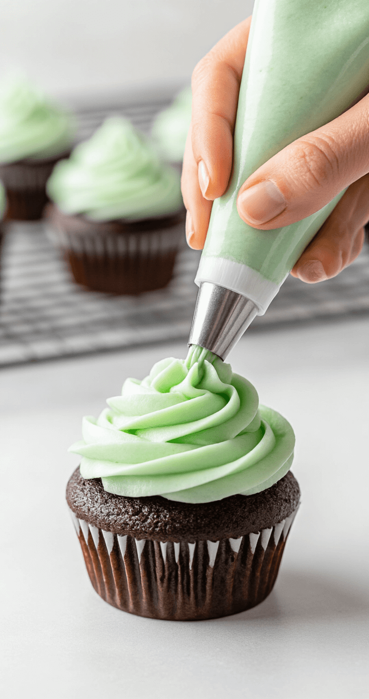 Close-up of a hand using a star-tipped piping bag to create a mint green buttercream swirl on a dark chocolate cupcake, with a soft focus background of a wire cooling rack and subtle kitchen lighting highlighting texture and color.