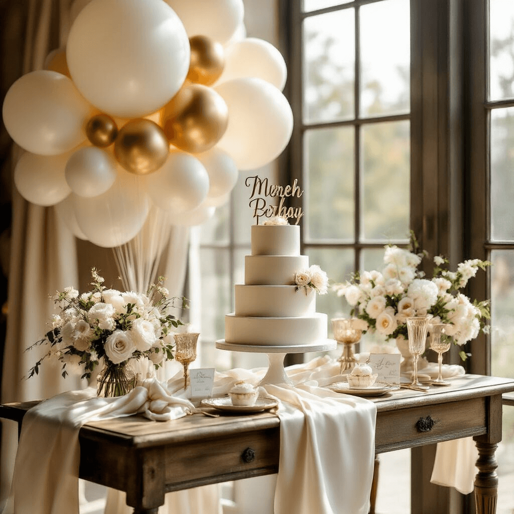 Elegant wedding dessert station setup with tiered cake on a vintage wooden table, adorned with silk runners and sophisticated balloon displays in pearl white and gold, surrounded by soft florals and glassware, illuminated by midday sunlight.