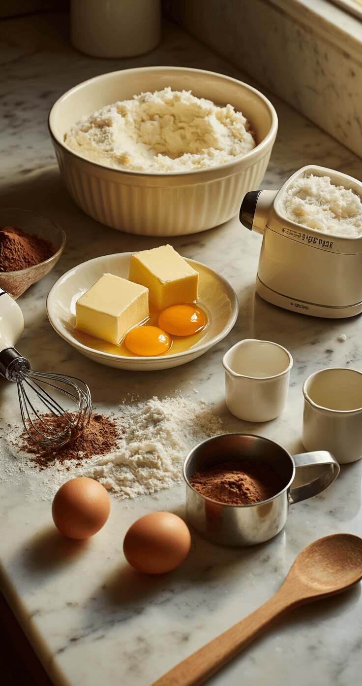 Close-up of a vintage kitchen counter featuring ingredients for Coconut Snowball Cake, including softened butter in a ceramic dish, scattered cocoa powder, cracked eggs, and an electric mixer, all illuminated by warm golden morning light on a marble surface.