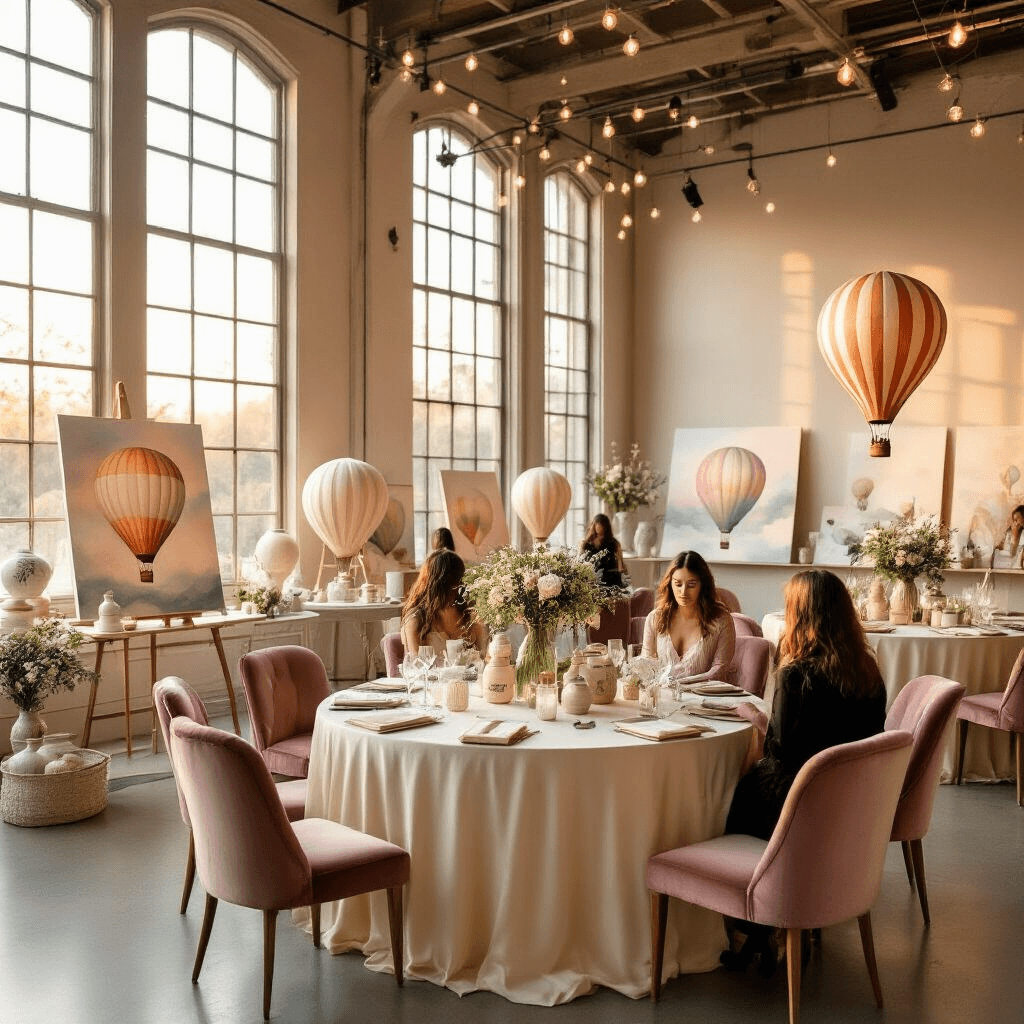 A wide-angle view of an elegant indoor art studio event featuring hot air balloon themed artwork, illuminated by golden hour light through tall windows. Round tables with cream silk linens display watercolor paintings and vintage glass jars filled with eucalyptus and baby's breath. Guests in velvet chairs admire papier-mâché balloon sculptures, surrounded by a sophisticated palette of blush pink, sage green, and ivory, with warm string lights adding ambiance to the polished hardwood floors and exposed brick walls.