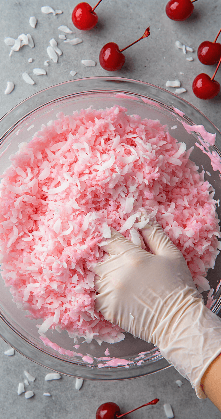 Hands in culinary gloves massaging shredded coconut with pink gel food coloring in a stainless steel bowl, surrounded by maraschino cherries and dramatic side lighting enhancing the texture and color contrast.