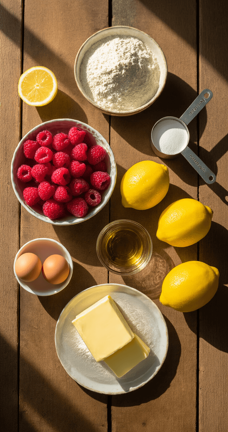 Cinematic overhead view of a rustic kitchen counter with fresh ingredients for lemon raspberry cake, including raspberries, lemons, flour, eggs, butter, vanilla extract, and baking powder, all bathed in warm afternoon light.