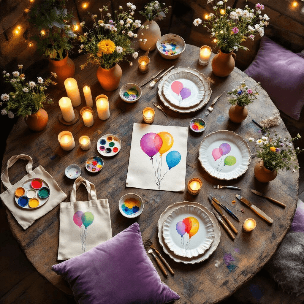A cozy dining nook transformed into a whimsical art party venue, featuring low wooden tables with hand-painted watercolor balloon motifs, soft fairy lights, flickering candles, and floor cushions in lavender and cream. The space is decorated with layered textiles, oil pastels, ceramic dishes of acrylic paints, fresh wildflowers in terracotta vessels, and personalized canvas tote bags as favors, all bathed in warm candlelight.