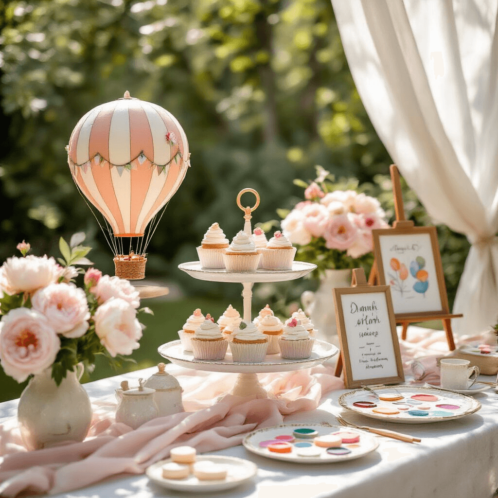 Close-up of a stylish backyard garden party dessert cart featuring hot air balloon art supplies, including miniature papier-mâché balloon sculptures, gold-rimmed glassware with paint water, and watercolor masterpieces on vintage brass easels, accented by fresh peonies and garden roses in cream and blush tones, all under sheer white drapery.