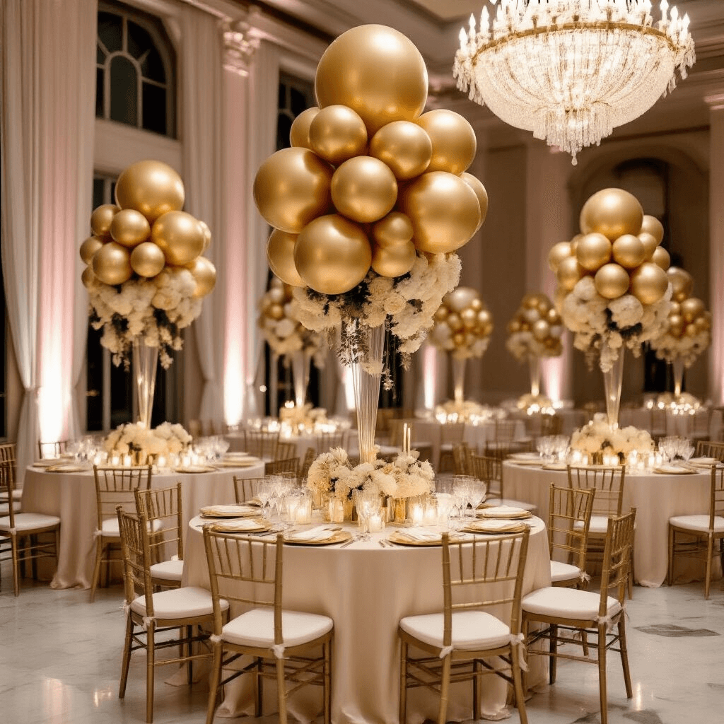 A sophisticated wedding reception in an elegant ballroom featuring round tables with ivory silk linens, gold foil balloon centerpieces, and a blush pink and cream color palette, illuminated by crystal chandeliers and framed by sheer ivory drapery.