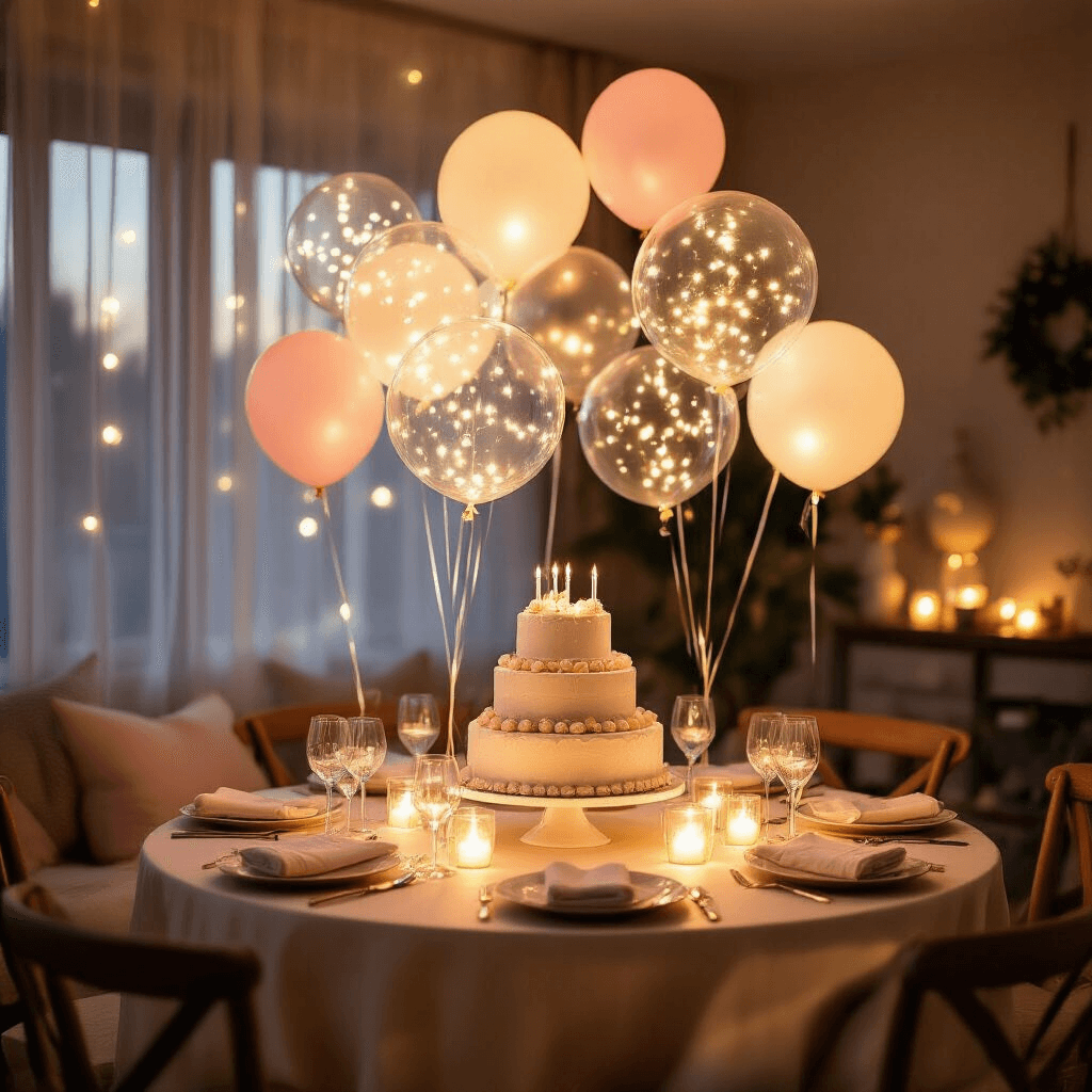 A cozy evening birthday party scene in a living room during golden hour, featuring clusters of glowing LED balloons, a elegantly decorated round dining table with a tiered cake, and warm pastel colors creating a magical atmosphere.