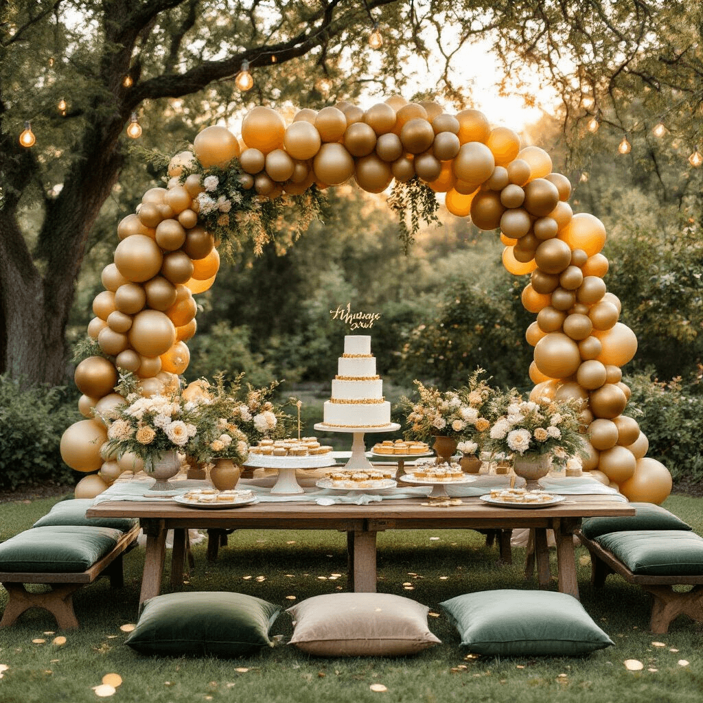 An intimate 50th anniversary garden party viewed from above, featuring low picnic-style tables adorned with sage green velvet cushions, a balloon garland over a dessert cart with a tiered cake, fresh florals in ceramic vessels, and twinkling fairy lights in a terracotta and sage color palette during golden hour.