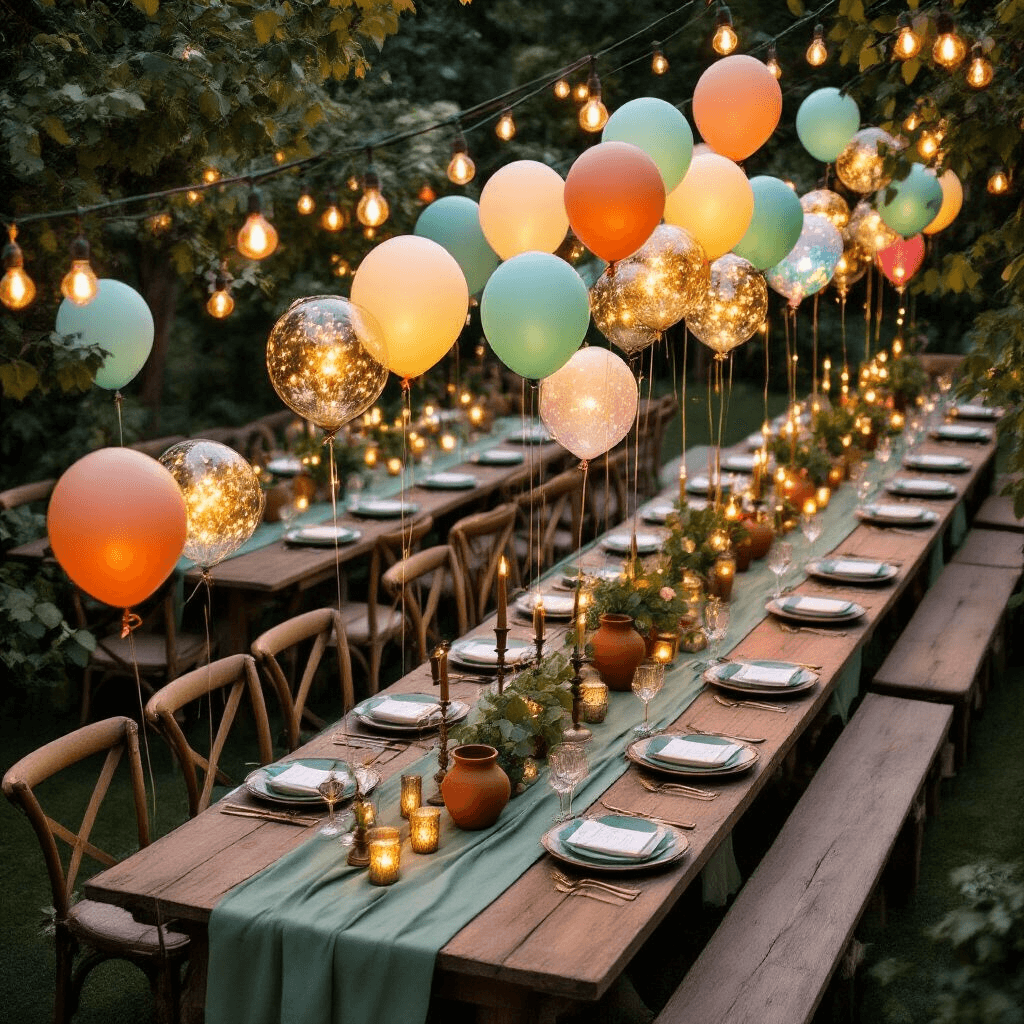 Aerial view of an elegant garden party setup during the blue hour, featuring rustic long wooden tables with sage green runners and terracotta centerpieces, illuminated by multicolored LED bobo balloons and string bistro lights, accented with fresh eucalyptus garlands and brass candlesticks.