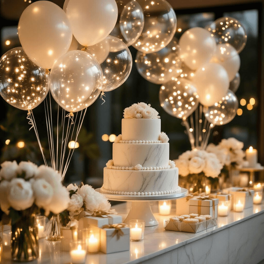 A luxurious dessert table in a modern apartment, featuring a multi-tiered marble cake stand, glowing LED balloons, silk ribbon streamers, crystal pedestals, and fresh white peonies, all illuminated by soft candlelight.