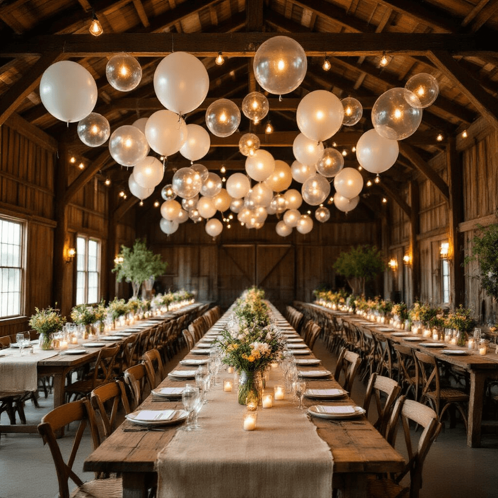 A whimsical wide-angle view of a rustic barn venue decorated for an evening celebration, featuring LED balloon canopies, long farm tables with burlap runners, mason jar wildflower centerpieces, and warm ambient lighting from lanterns and balloons.