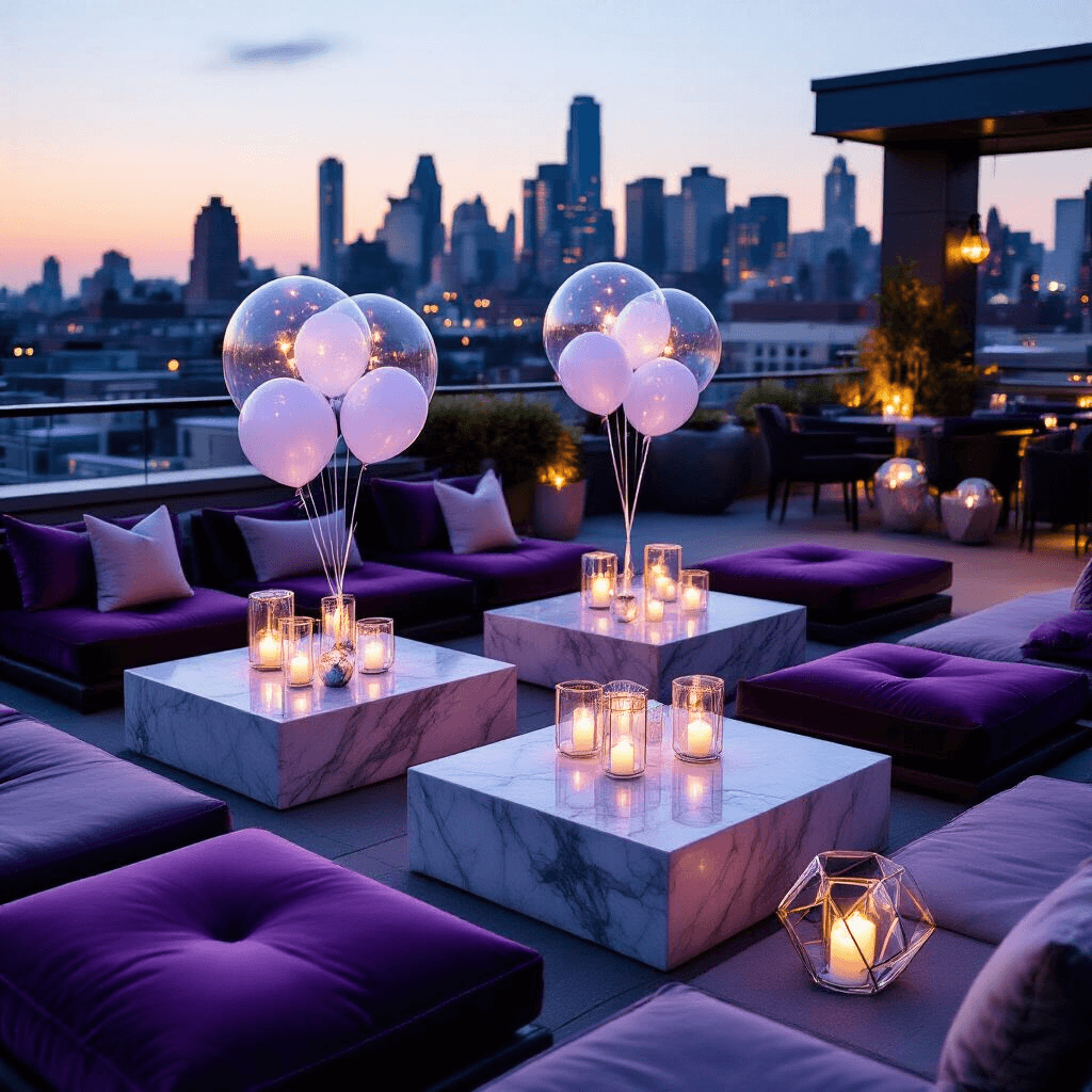 A sophisticated rooftop terrace party setup at twilight, featuring low marble cocktail tables surrounded by velvet floor cushions, illuminated by floating LED balloons in lavender and silver tones, with geometric glass terrariums and modern ceramic serving pieces amidst a backdrop of city lights.