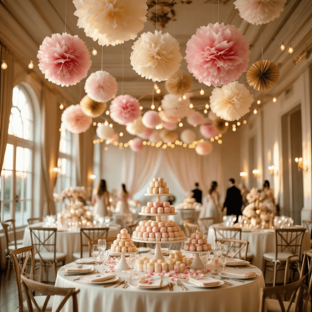 A wide-angle view of an elegant indoor ballroom during golden hour, adorned with cascading tissue paper pom-poms in blush pink, cream, and soft gold, round tables draped in ivory silk linens with pastel macarons and decorated cookies, warm LED string lights, and a DIY photo booth backdrop, all highlighted by natural light streaming through tall windows.