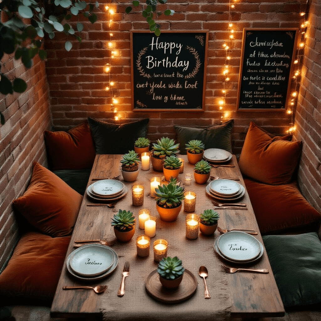 A cozy candlelit dining nook featuring low wooden tables and velvet cushions in terracotta and sage, adorned with succulent centerpieces and handcrafted paper chains against exposed brick walls, complemented by fairy lights in mason jars, personalized chalkboard messages, eucalyptus leaves, and artisanal ceramic plates.