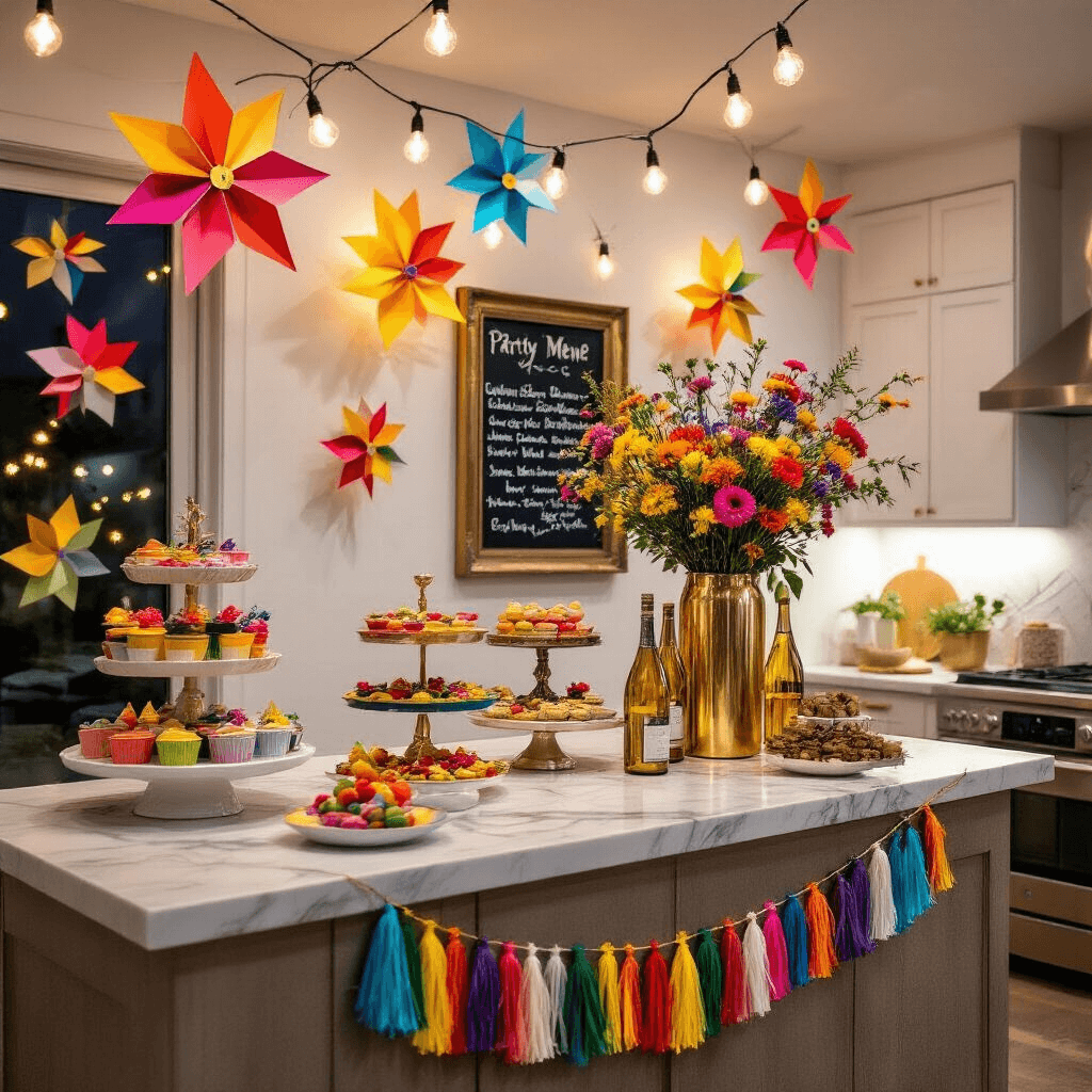 A modern apartment illuminated by fairy lights at night, featuring colorful paper pinwheels on white walls, a dessert cart with vibrant treats, a collection of upcycled wine bottle vases filled with wildflowers on a marble kitchen island, handmade rainbow tassel garlands, and a chalkboard menu in a vintage frame.