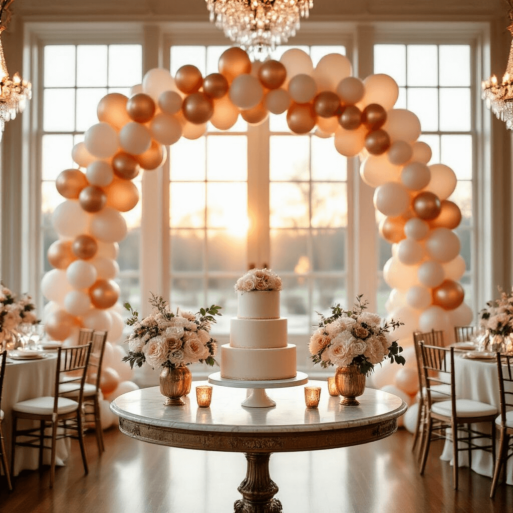 Photorealistic image of an elegant indoor celebration featuring a stunning rose gold and cream balloon arch framing a dessert table, illuminated by golden hour sunlight through floor-to-ceiling windows. A marble-topped vintage table displays a two-tiered anniversary cake surrounded by silk florals and brass candlesticks. The ballroom has polished hardwood floors and crystal chandeliers, with round tables adorned with ivory linens, gold charger plates, and heart-shaped metallic balloon bouquets. LED string lights add a magical glow to the arch anchored by command hooks to ornate white molding.
