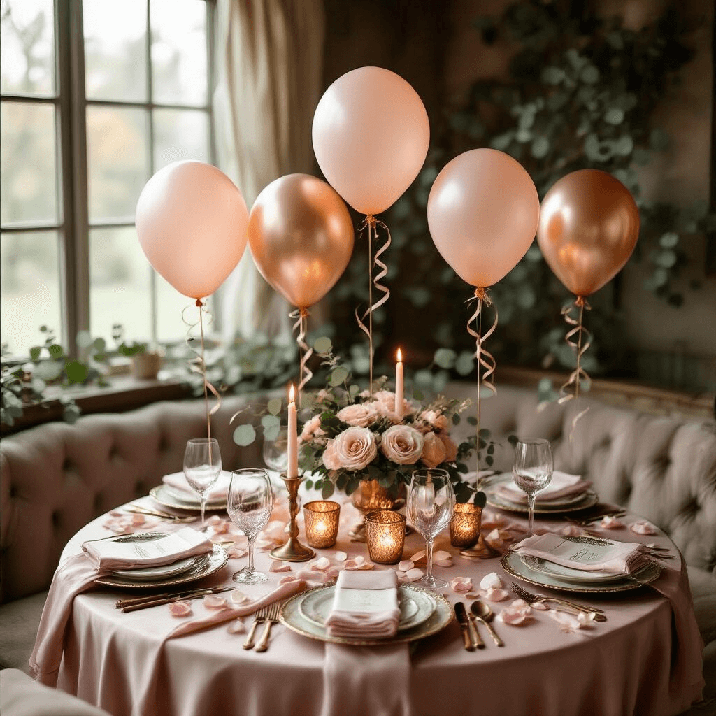 Photorealistic overhead view of a romantic anniversary dinner setup featuring blush pink silk linens, rose gold and ivory balloon centerpieces, flickering candlelight, vintage china, and crystal stemware, all illuminated by soft morning light.
