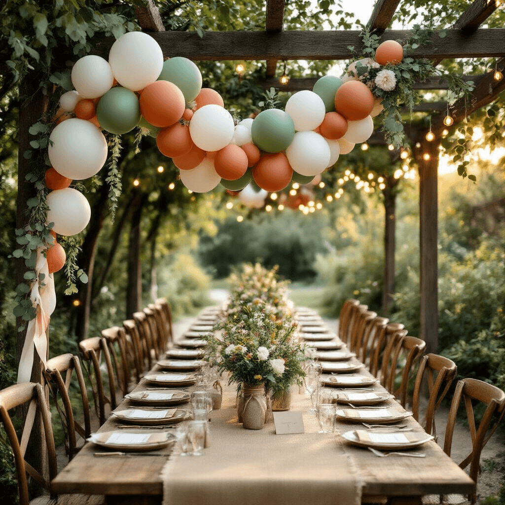 Photorealistic anniversary celebration in a whimsical garden, featuring an organic balloon garland on a rustic pergola, long farm tables with burlap runners and wildflower centerpieces, vintage chairs, fairy lights overhead, and DIY decor including kraft paper place cards and a vintage ladder with anniversary photos.