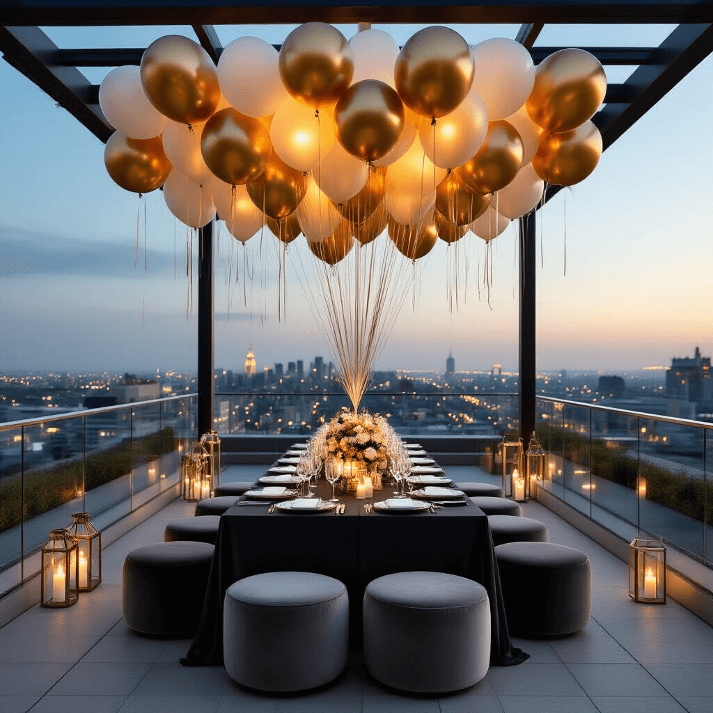 Photorealistic detail shot of a luxurious rooftop terrace anniversary setup with helium balloon ceiling installation, featuring metallic gold and ivory balloons, a sleek dining area with charcoal linen and white dinnerware, surrounded by city lights at dusk, and personalized letter balloons against the twilight sky.