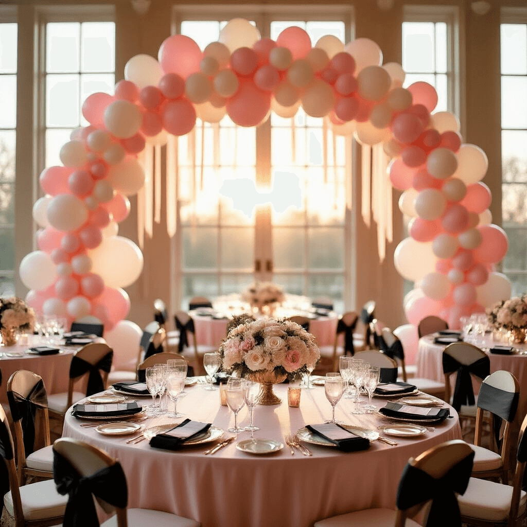 A luxurious indoor ballroom illuminated by golden hour light, featuring a pink and white coquette balloon arch, round tables with blush silk linens and white floral centerpieces, and elegant place settings, all contributing to a romantic atmosphere.