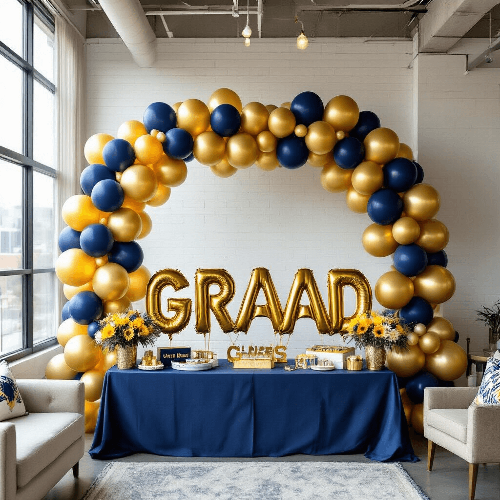 A vibrant graduation celebration in a modern apartment with soft morning light, featuring gold number balloons, a 'GRAD' display, and colorful balloon arrangements against a stylish backdrop of navy blue and white brick.