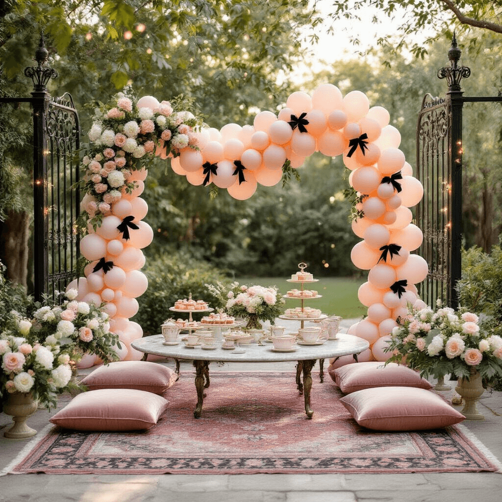 An elegant garden bridal shower setup featuring a coquette balloon garland between ornate iron posts, low marble tables with velvet cushions on Persian rugs, fresh eucalyptus and white peonies, fairy lights, and vintage china tea sets with pastries, all under soft morning light.
