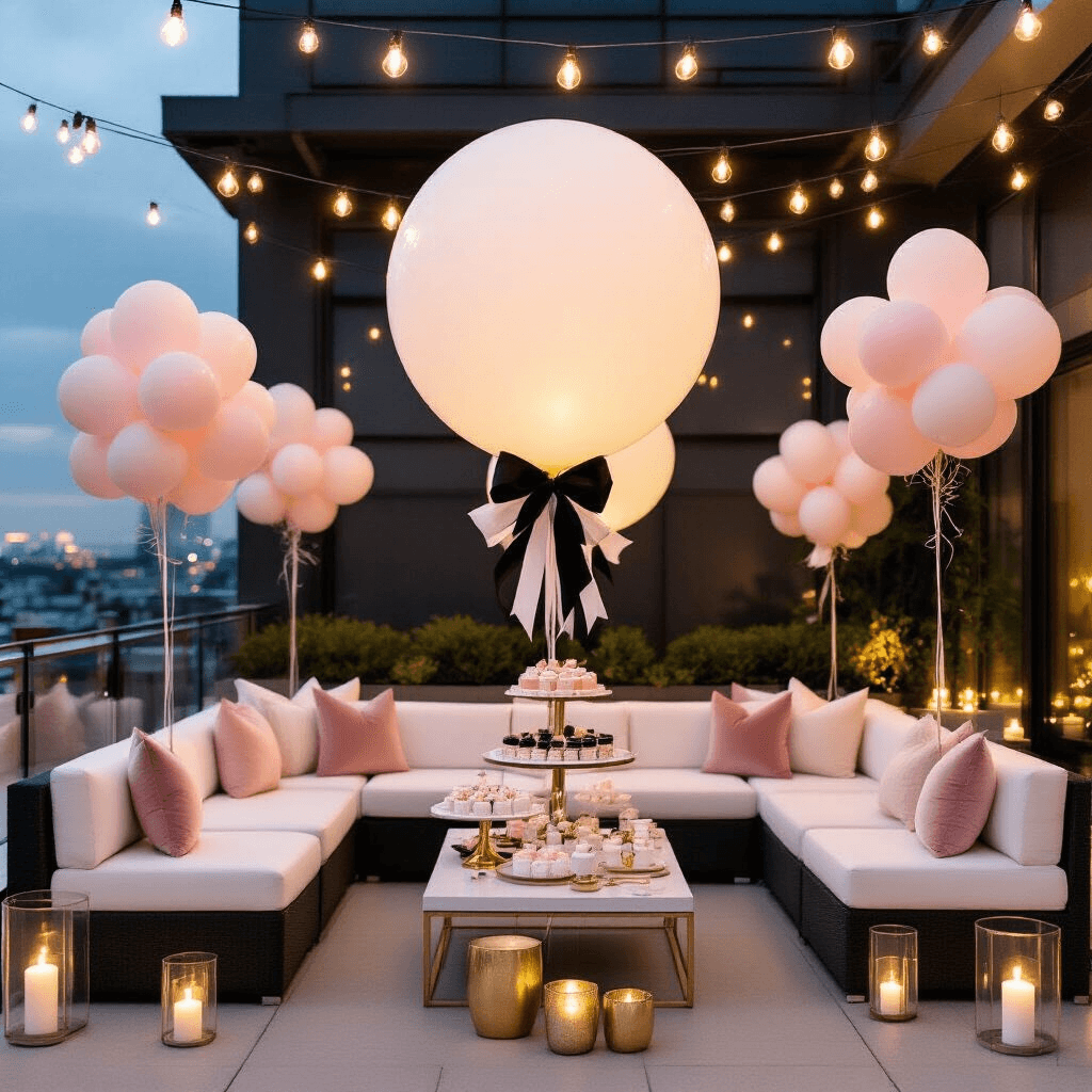 A luxurious rooftop terrace bachelorette party at night, featuring elegant white sectional seating with blush velvet pillows, a dessert cart with a large statement balloon, and soft pink and cream balloon clusters, all illuminated by string lights and decorated with hurricane glass candles against a city skyline backdrop.