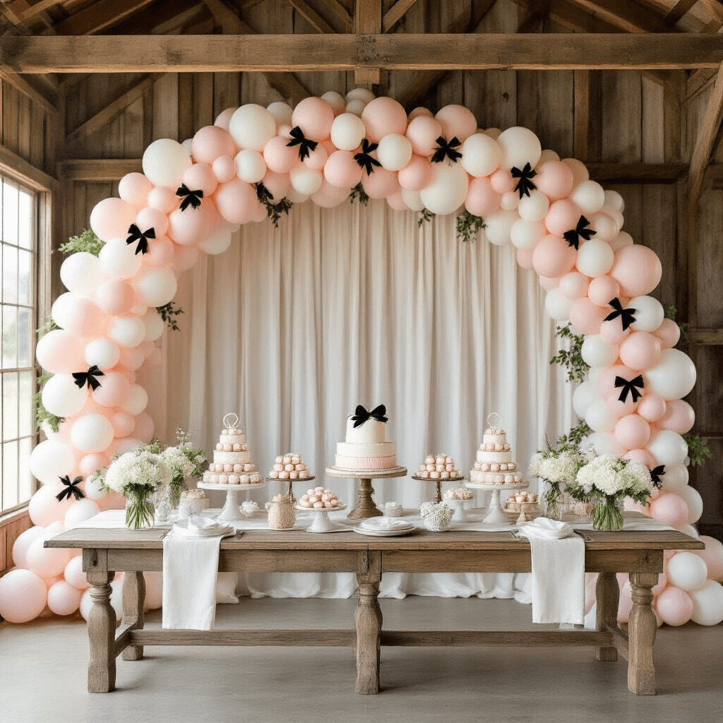 A rustic barn baby shower transformed with a pink and white balloon arch, weathered wood beams, ivory linen-covered farm tables, vintage brass candlesticks, and fresh greenery, illuminated by natural light.
