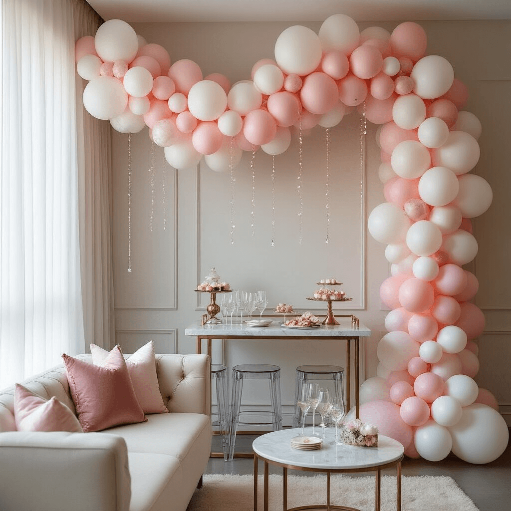 Upscale modern apartment living space adorned for a milestone birthday celebration, featuring a coquette balloon garland in soft pink and white, a marble-topped dessert bar cart with elegant glassware and gold-rimmed accessories, surrounded by ghost chairs and accentuated by sheer white drapery and blush silk pillows.
