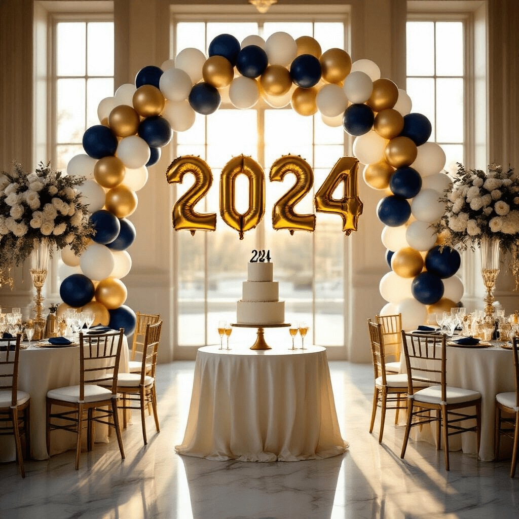 Photorealistic indoor ballroom elegantly decorated for graduation with a golden balloon arch, round tables in silk ivory linens, foil graduation cap balloon centerpieces, and a tiered cake beneath jumbo '2024' balloons, bathed in warm sunlight.