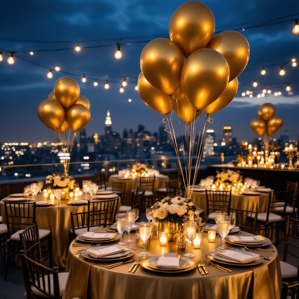An elegant rooftop terrace decorated for a New Year's Eve celebration, featuring tables with gold silk linens, metallic gold centerpieces, fairy lights, cascading confetti balloons, and an urban skyline backdrop, all creating a sophisticated atmosphere.