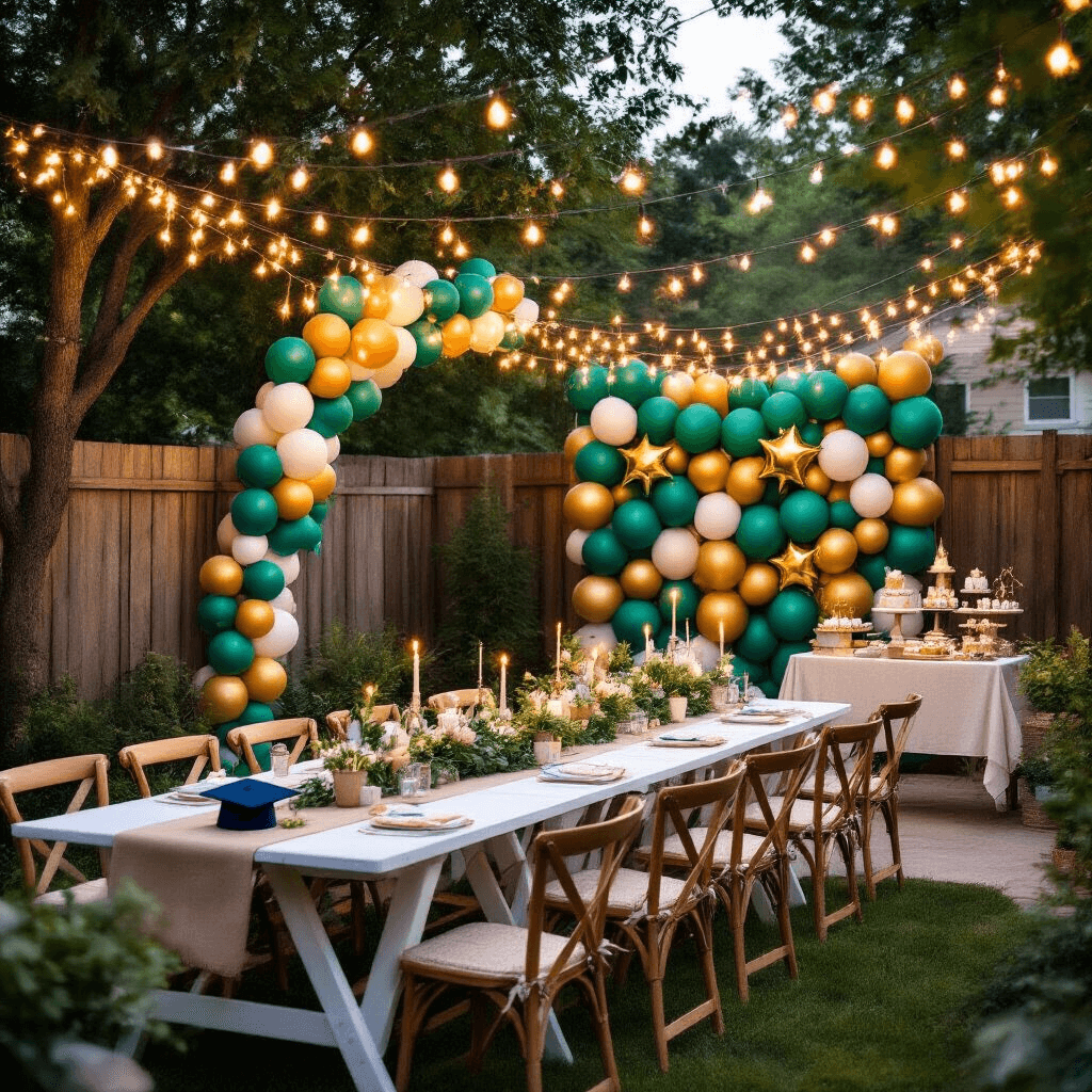 Cinematic overhead shot of a stylish backyard graduation celebration featuring picnic tables with ombré jewel tone balloon garlands, fairy lights, a DIY photo booth with a balloon wall, and a dessert cart adorned with diploma-shaped balloons.