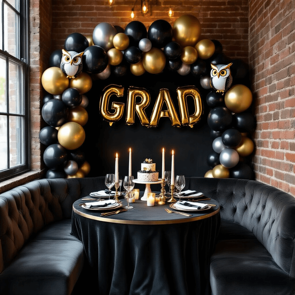 Intimate graduation dining nook with candlelight, featuring a sophisticated balloon installation, velvet linens, gold flatware, and geometric centerpieces, set against exposed brick walls.