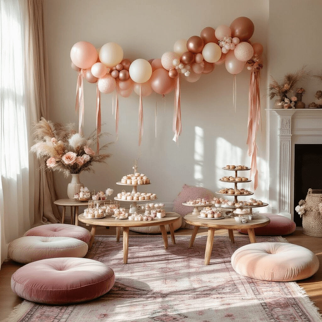 Flat lay of a whimsical cozy living room graduation setup featuring floor cushions, low wooden tables with blush pink and cream balloon centerpieces, a balloon garland on the mantelpiece, layered Persian rugs, and a dessert display on tiered stands, all illuminated by soft morning light through sheer curtains.