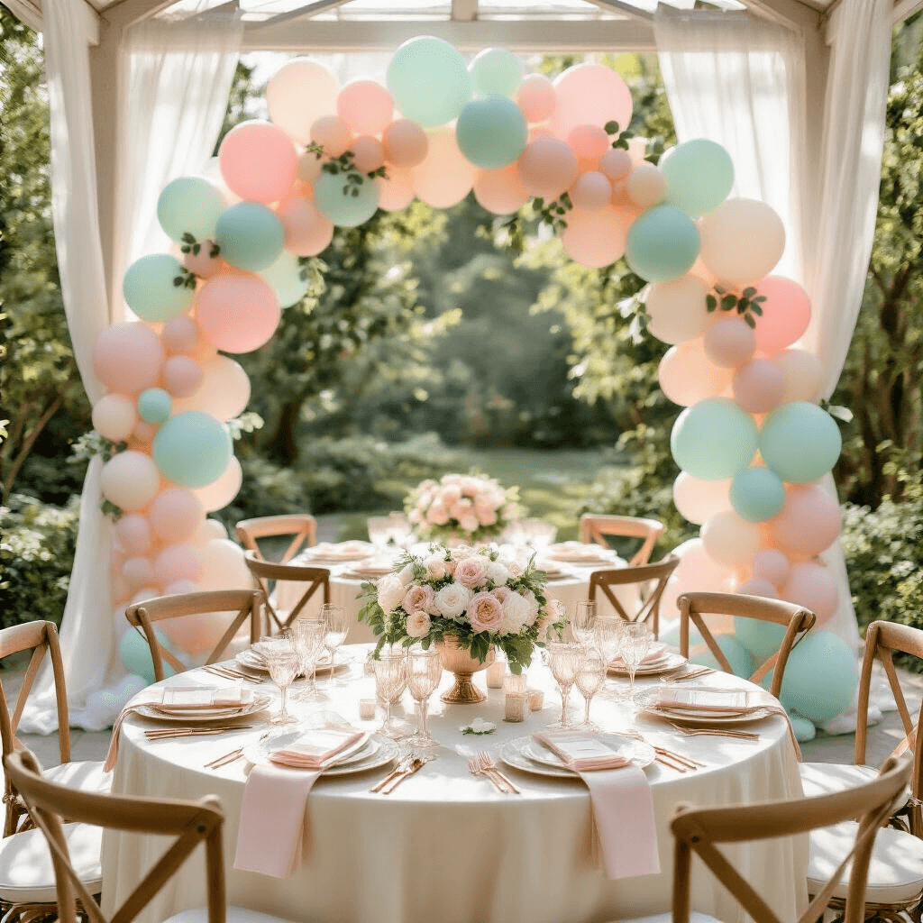 Overhead view of a sophisticated bridal shower in a sunlit garden pavilion, featuring cream silk tables, pastel balloon centerpieces, eucalyptus garlands, rose gold flatware, crystal glassware, and a gradient pastel balloon arch with metallic accents, all enhanced by fresh flowers and scattered rose petals.