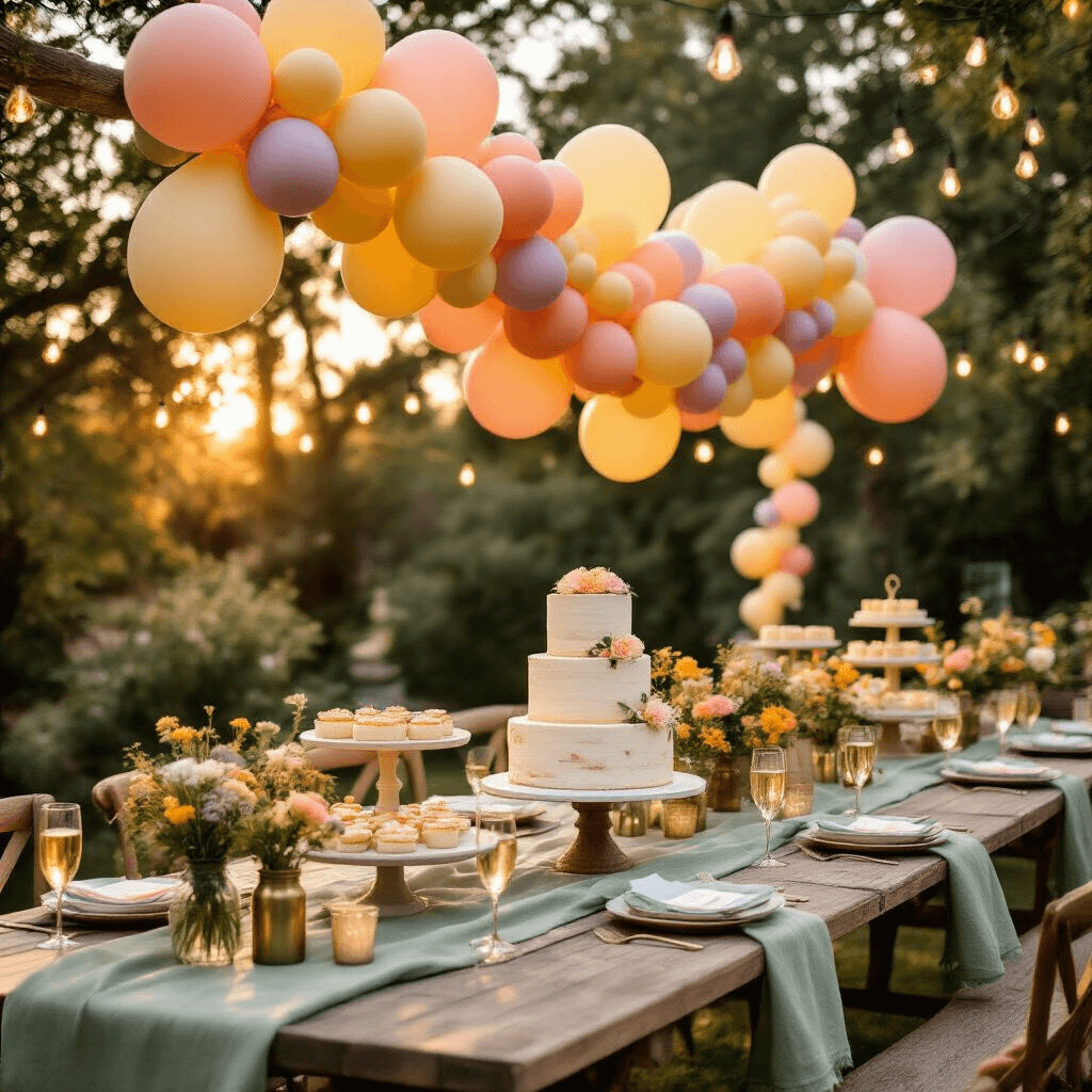 A dreamy outdoor birthday celebration in a stylish backyard during golden hour, featuring a rustic dessert table with a vibrant balloon garland, picnic tables with sage green linen, twinkling string lights, and warm candlelit centerpieces, surrounded by joyful guests and children's laughter.