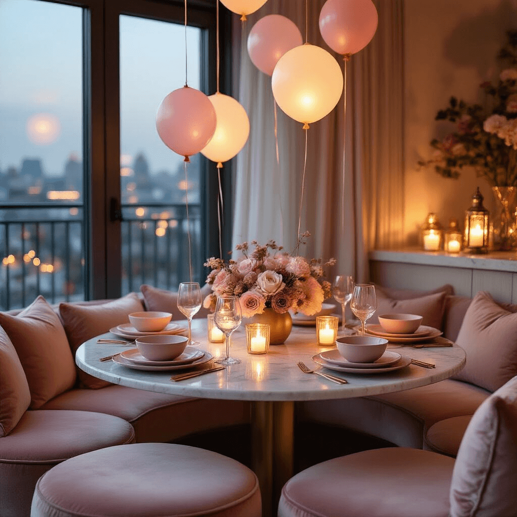 Close-up of a cozy modern dining nook set for an intimate dinner party, featuring low round tables with cream and blush velvet cushions, unique pastel balloon centerpieces with silk flowers, and Moroccan brass lanterns casting shadows. LED balloon lights glow softly within translucent balloons, with a marble countertop backdrop displaying neutral ceramic serving pieces and sheer curtains framing city lights beyond, all illuminated by warm candlelight.