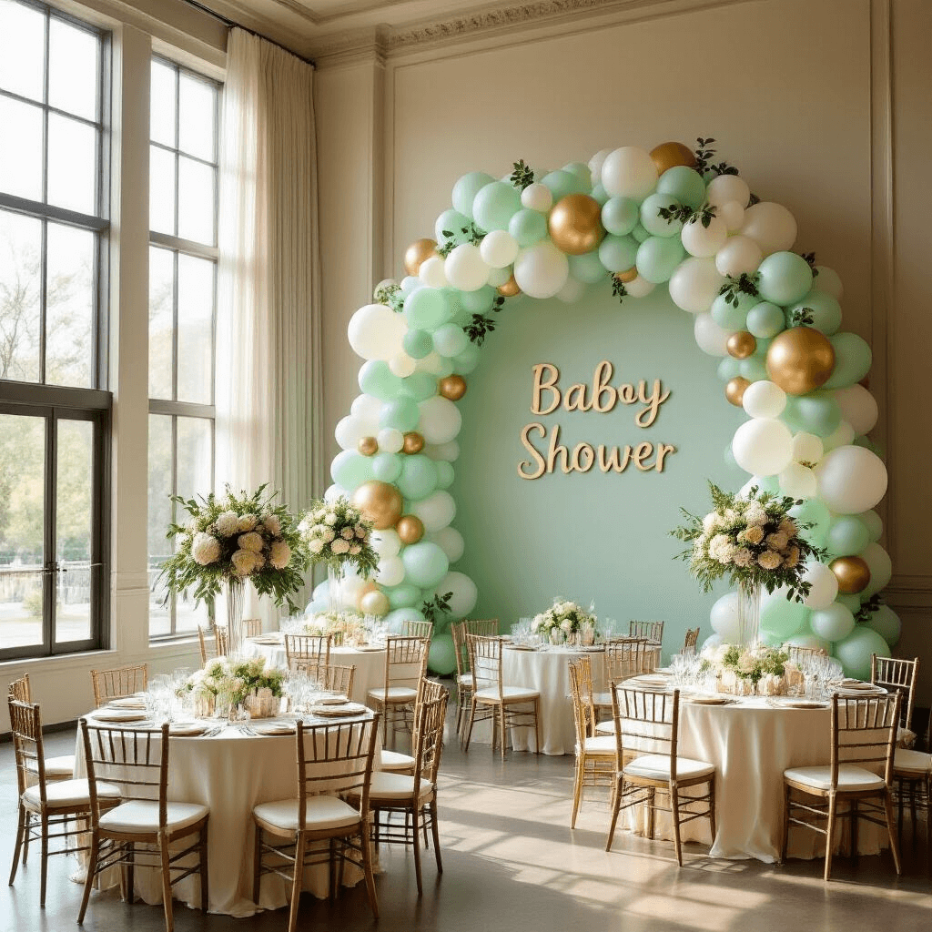 A sophisticated baby shower in a bright indoor ballroom with natural light, featuring a gradient balloon installation, elegantly dressed tables with pastel balloons and hydrangeas, and floating ceiling balloons, creating a festive atmosphere.