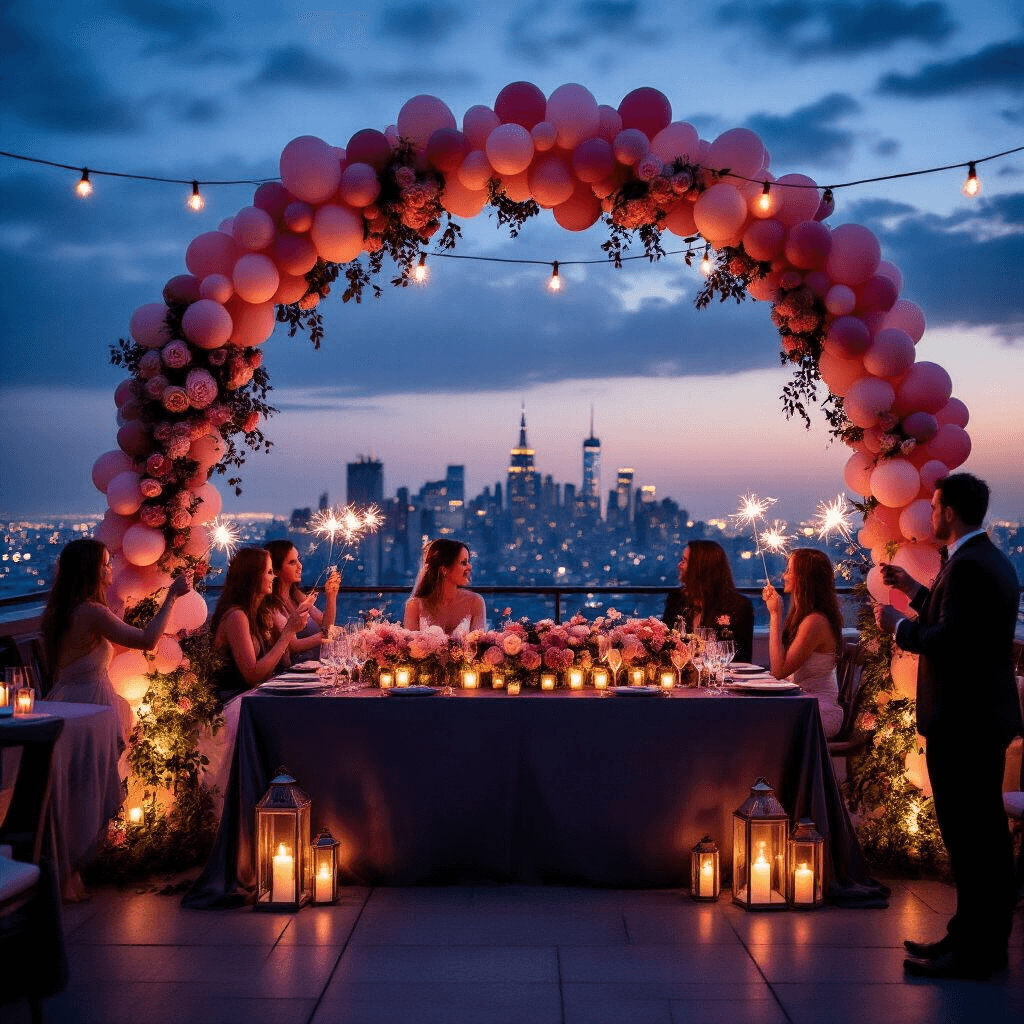 Moody rooftop engagement party at dusk with fairy lights, deep blush pink and dusty lavender balloon arches, intimate seating areas, charcoal silk table runners adorned with low balloon garlands and real roses, warm candlelight, and an elevated balloon backdrop with LED lights against a city skyline, as guests with sparklers enjoy the romantic atmosphere.