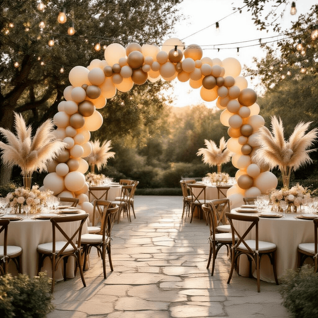 A photorealistic wide-angle shot of an elegant garden wedding reception during golden hour, showcasing a sophisticated balloon arch with champagne and ivory beige balloons, soft blush pink accents, round tables with silk ivory linens and vintage gold charger plates, crystal stemware, pampas grass centerpieces, twinkling string lights overhead, and scattered rose petals on natural wood farm tables, all set in a refined atmosphere.