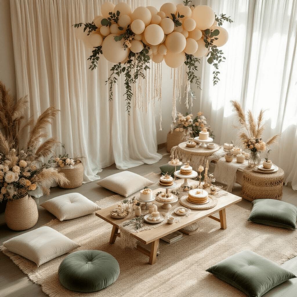 Cinematic overhead shot of a boho baby shower setup in a modern living room, featuring a low wooden table with velvet cushions, a balloon installation, marble cake stands with dried florals, and an elegant neutral palette.