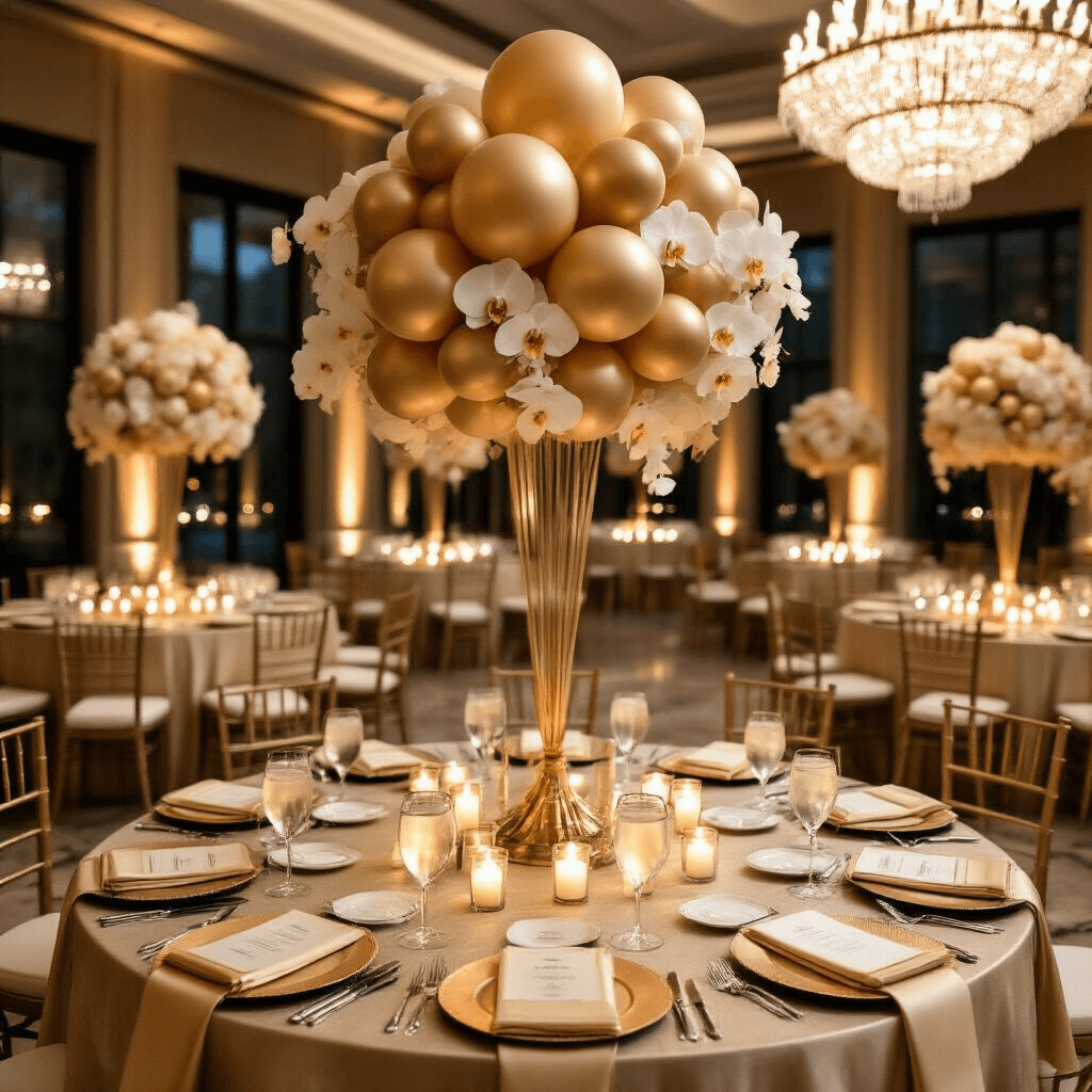 Elegant corporate anniversary dinner table setting in a candlelit ballroom, featuring champagne silk linens, balloon centerpieces, personalized menu cards, and ambient lighting from crystal chandeliers, creating a luxurious atmosphere.