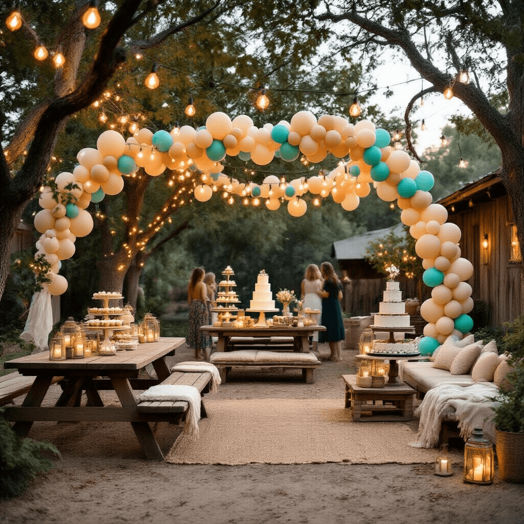 A whimsical backyard milestone birthday celebration featuring weathered wood picnic tables adorned with beige and turquoise organic balloon garlands, mason jar lanterns with fairy lights hanging from trees, a vintage dessert cart with tiered cakes, and cozy low seating areas with burlap cushions and cream throw blankets, all under a magical string light canopy.
