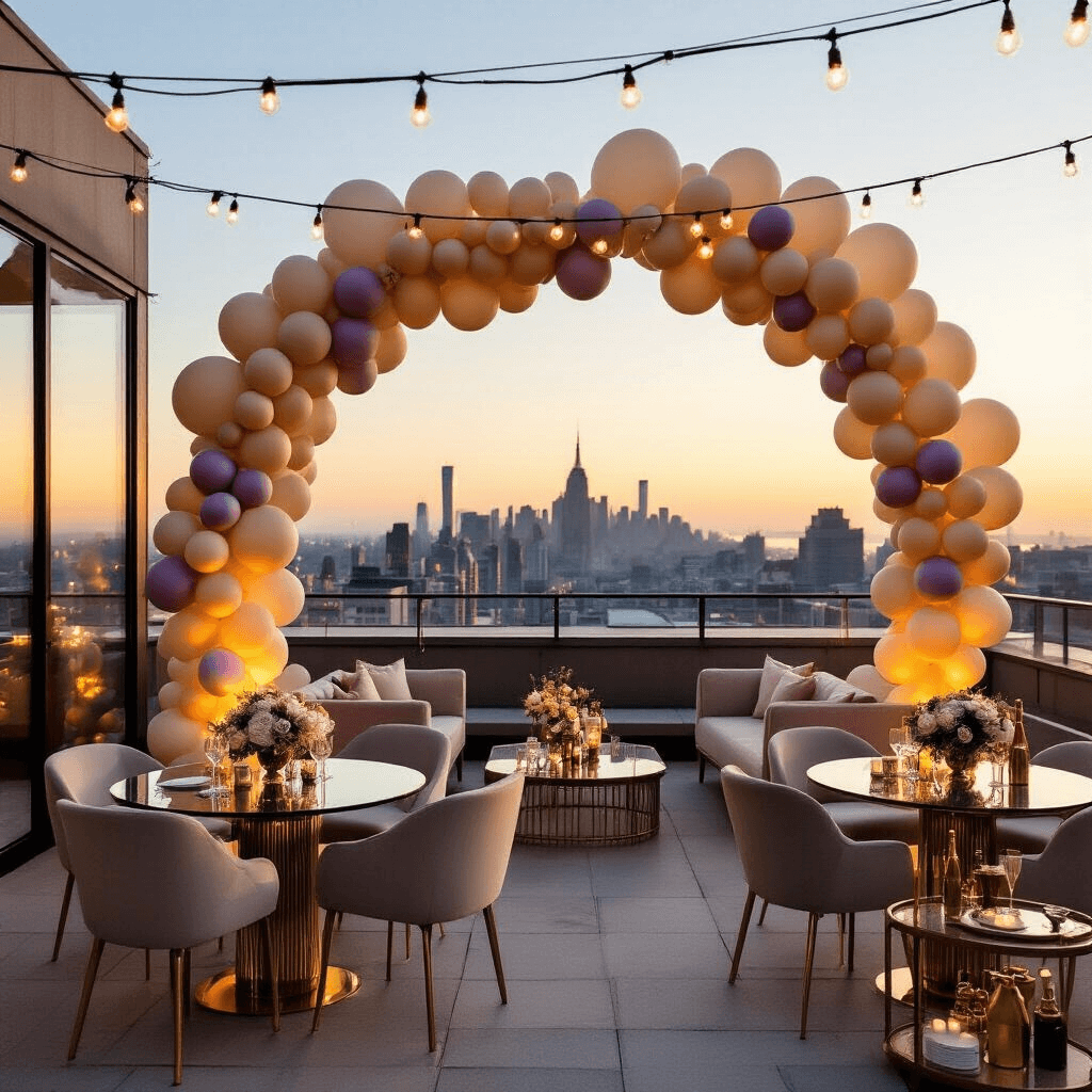 A rooftop terrace engagement party at golden hour, featuring modern furniture and a dramatic balloon installation in beige and lilac against a city skyline. Round cocktail tables with gold-rimmed glassware and floral arrangements, a champagne bar cart with trailing balloon garlands, and glowing fairy lights overhead. A balloon arch frames the glass railing, blending organic shapes with sleek architecture.