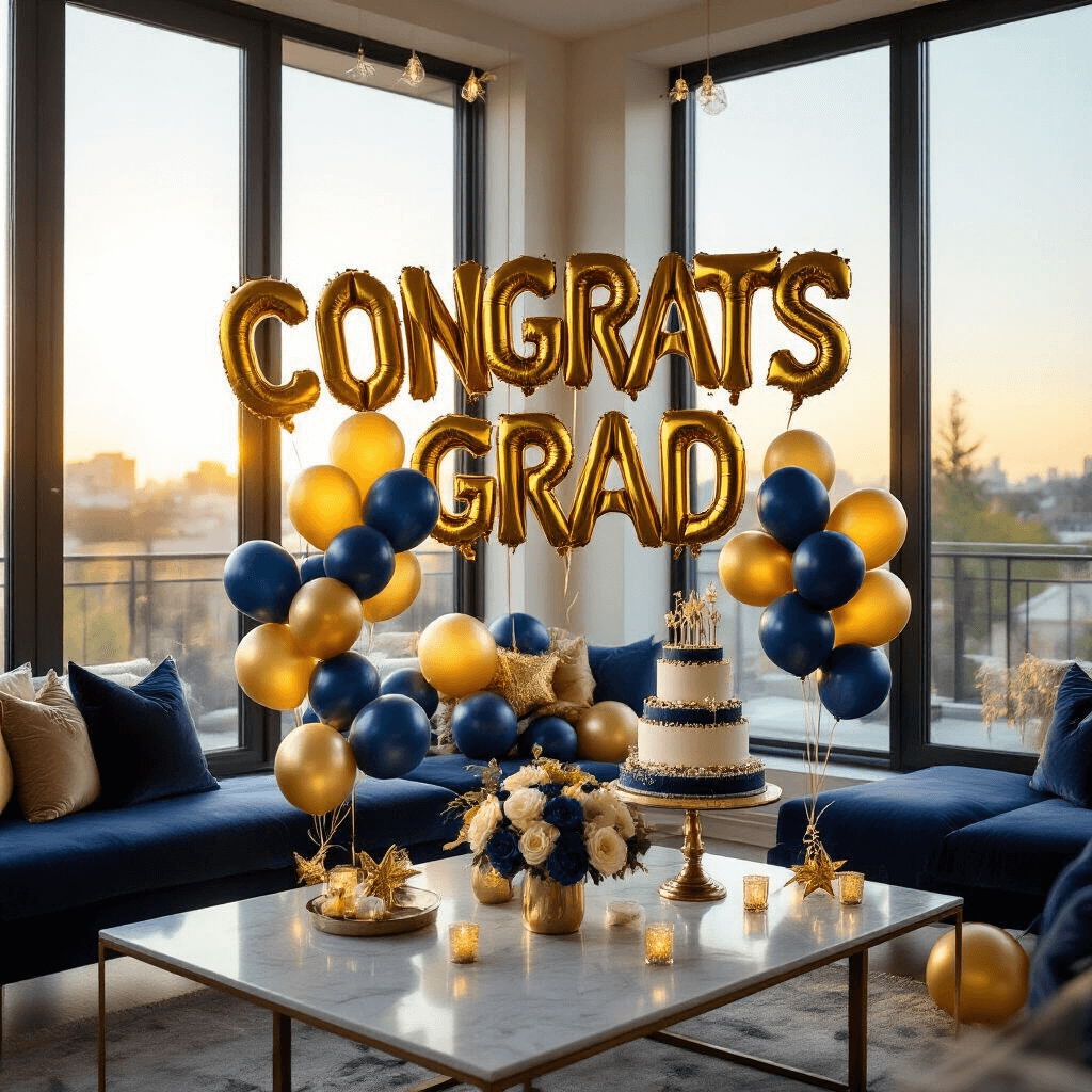 A beautifully decorated apartment living room for a graduation celebration, featuring navy blue and gold balloons, a 'CONGRATS GRAD' foil balloon display, a tiered graduation cake, and elegant floral arrangements, all warmly illuminated by golden hour sunlight.