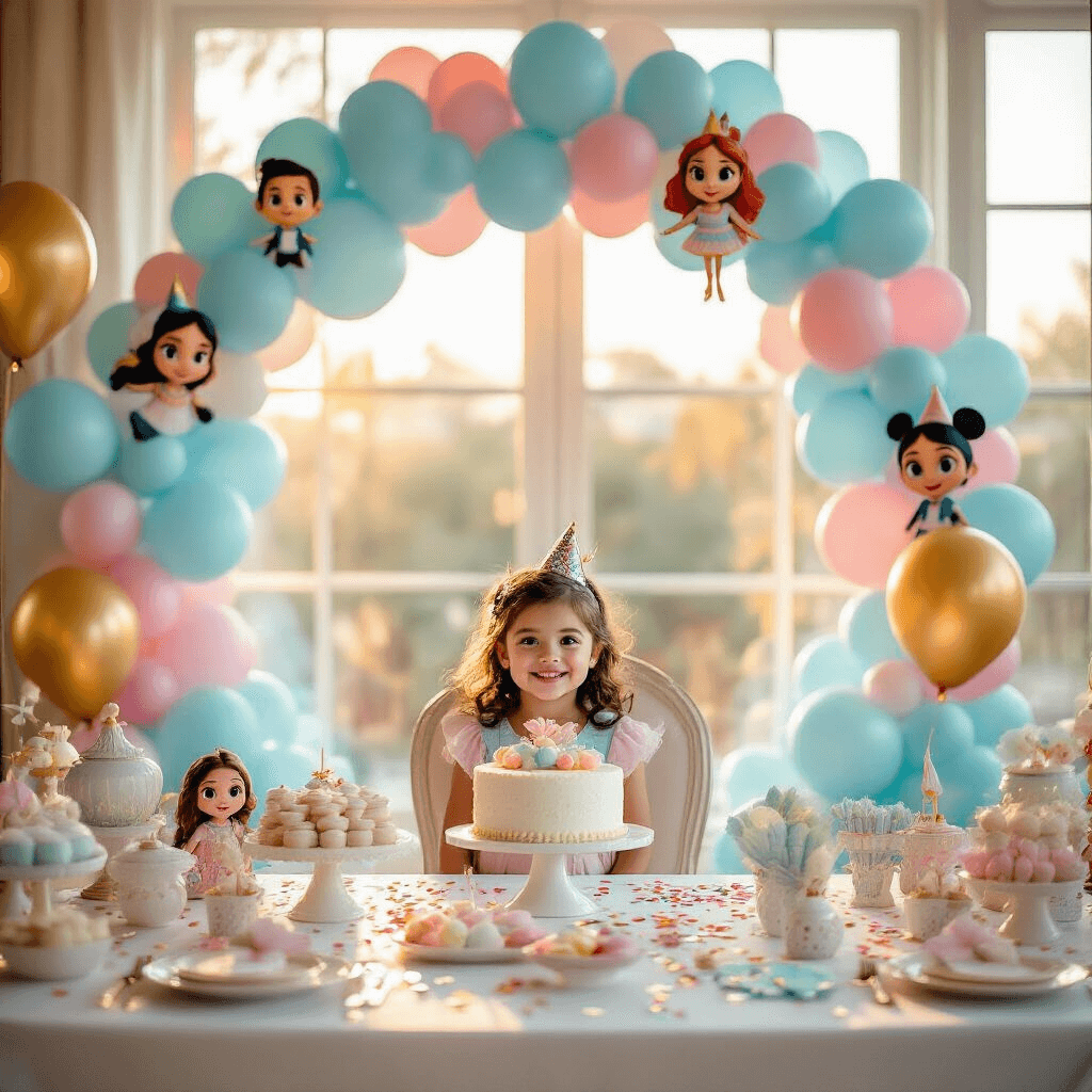 A vibrant children's birthday party scene featuring a pastel blue and hot pink color palette, with an elegant balloon arch framing a white dessert table adorned with thematic decorations and a custom birthday cake. Character foil balloons of Disney's Encanto characters float in the background, while soft golden hour lighting casts a warm glow through large windows. Latex balloons in various sizes cluster near a smiling birthday child, surrounded by confetti balloons that add sparkle. The detailed table setting includes themed party favors. Wide overhead shot captures the whimsical atmosphere.
