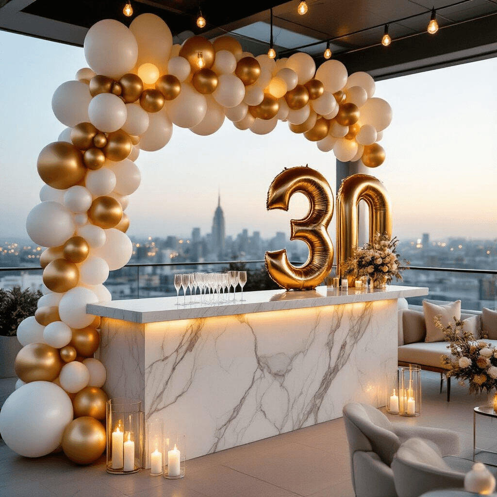 A sophisticated adult milestone celebration on a minimalist rooftop terrace, featuring an organic balloon garland in champagne, white, and soft gold draped across a marble bar. Metallic number balloons subtly positioned in the background, with soft evening lighting from fairy lights and candles creating an intimate atmosphere. Sleek furniture and glass champagne flutes complement the luxurious setting, with an aerial view highlighting the balloon installation against the city skyline.